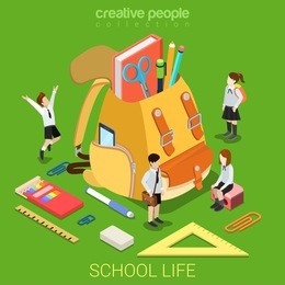school life flat 3d isometry isometric primary education concept web vector illustration. schoolboy schoolgirl stationery accessory around big rucksack backpack. creative people collection.