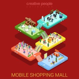 mobile shopping mall flat 3d isometry isometric online internet sale e-commerce technology concept web vector illustration. mobile phone store floor interior micro buyers. creative people collection.