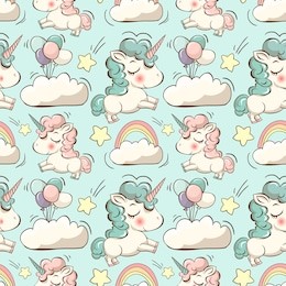 vector pattern with cute unicorns, clouds,rainbow and stars. magic background with little unicorns.