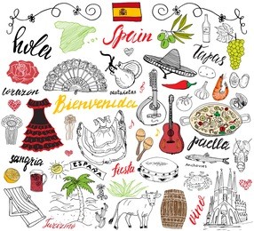 spain doodles elements. hand drawn set with spanish food paella, shrimps, olives, grape, fan, wine barrel, guitars, music instruments, dresses, bull, rose, flag and map, lettering. doodle set isolated