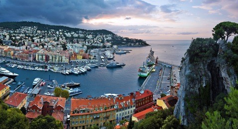 panorama of nice port limpia via mont boron and cap de nice from the castle hill before sunrise, provence-alpes-cote d azur, france