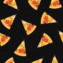 seamless pattern with pizza slice. italian vector pizza. italian pizza with tomato, mushrooms, sausage, peppers, olives, cheese. black pizza background.