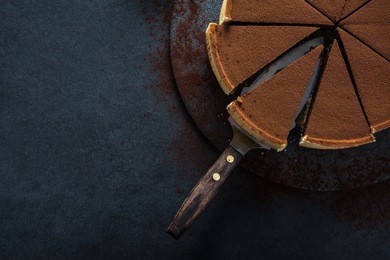 sliced chocolate tort on dark background, overhead view