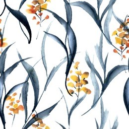 watercolor and ink illustration in style sumi-e, u-sin. oriental traditional painting. floral seamless pattern.
