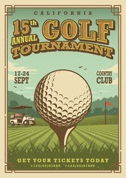 vintage golf poster with a golf ball, golf car and flag on the golf lawn with text. tournament theme. 