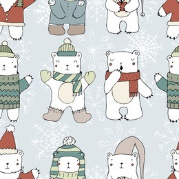 seamless pattern with cute polar bears on blue background.hand drawn illustration. vector. isolated. christmas childish pattern. bears in clothing - hat, sweater, scarf. cute teddy bears.