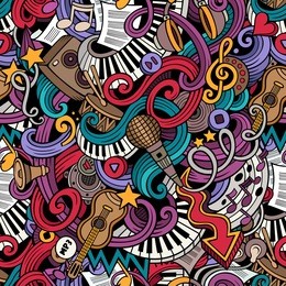 cartoon hand-drawn doodles on the subject of music style theme seamless pattern. vector colorful background