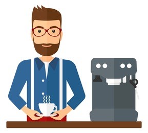 a smiling man preparing coffee with coffee-machine vector flat design illustration isolated on white background. square layout.