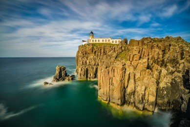 neist point lighthouse at isle of skye, scottish highlands, united kingdom. long exposure