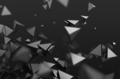 abstract 3d rendering of chaotic shapes. dark background with pyramids in empty space.