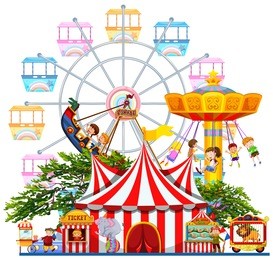 amusement park scene with many rides illustration