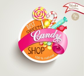 paper candy shop label with ribbon, vector illustration.