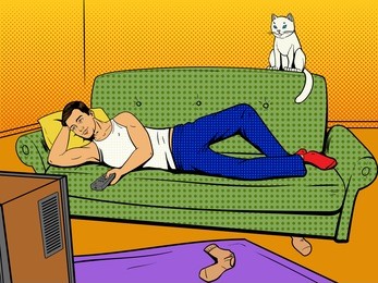 man lying on couch sofa and lazy watching tv vector illustration. comic book imitation