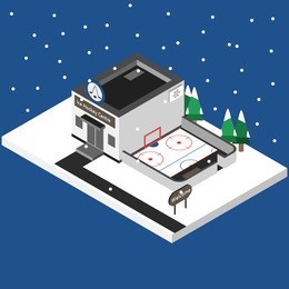 isometric building for ice hockey. ice centre and hockey playground. 3d sport location. illustration of isometric building, bench, christmas tree, snow. winter location for app, game, web