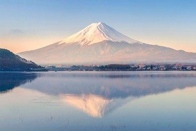 mt fuji in the early morning with reflection on the lake kawaguchiko