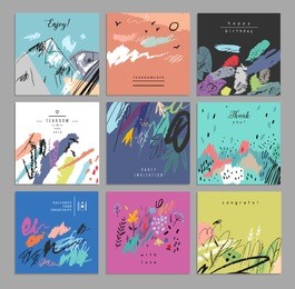 set of artistic creative universal cards. hand drawn textures. wedding, anniversary, birthday, valentine's day, party. design for poster, card, invitation, placard, brochure, flyer.  vector. isolated.