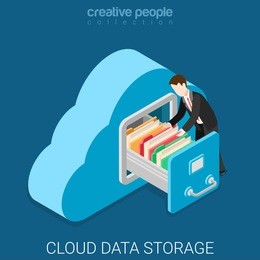 cloud data storage flat 3d isometry isometric business technology server concept web vector illustration. businessman put in document drawer folder in cloud-shaped cabinet. creative people collection.