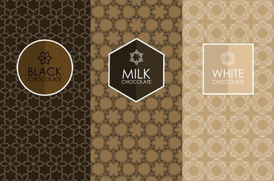 vector set of templates packaging, label, banner, poster, identity, branding, logo icon, seamless pattern in trendy linear style for chocolate and cocoa package -white, milk and dark chocolate