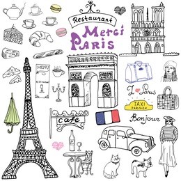paris doodles elements. hand drawn set with eiffel tower bred cafe, taxi, triumph arch, notre dame cathedral, fashion elements, cat and french bulldog. drawing doodle collection, isolated on white.
