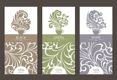 vector set of templates packaging tea, label, banner, poster, identity, branding. ornate color pattern background with cup hot tea steam aroma icon. stylish design for black, white and green tea