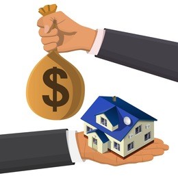one hand holds a house, second hand buys his money bag. flat 3d isometric creative  real estate sale web infographics concept. home loan. isometric illustration
