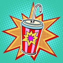 cola paper cup straw fast food pop art retro style. restaurants and entertainment. sweet refreshing in the heat of the drink. childhood and joy. advertising poster retro background
