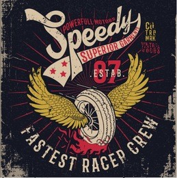 grunge effected racer print design with wings and wheen illustration