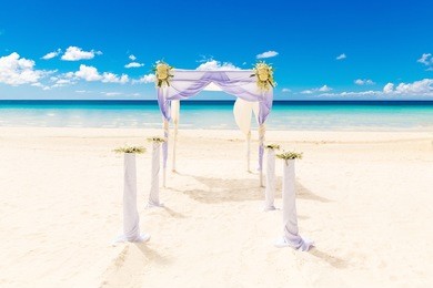 wedding on the beach . wedding arch decorated with flowers on tropical sand beach.