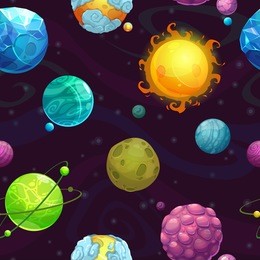 seamless pattern with cartoon fantasy planets, vector space texture
