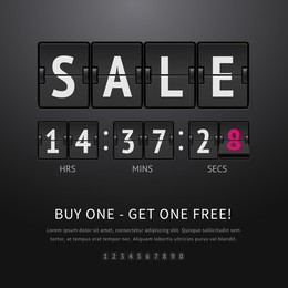 sale. black flip clock with sale text and timer, analog scoreboard on dark background. vector illustration of flip countdown timer to promotion