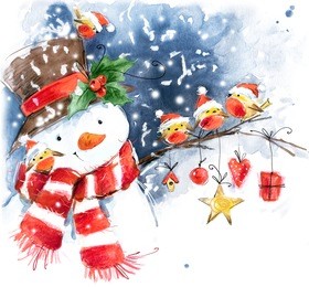 watercolor snowman and cute bird. snowman, snow, snowflake, bird watercolor. winter holiday design. 