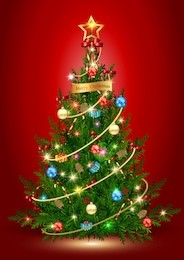 vector illustration of decorated christmas tree.