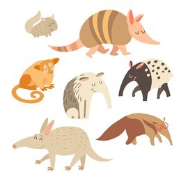 battleship, anteater, chinchilla, tapir, anteater, kinkajou animals on white background. vector illustration, isolated on white background