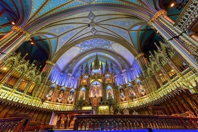 montreal, canada - november 26, 2015: montreal notre-dame basilica in montreal, quebec, canada at night.  notre-dame basilica (french: basilique notre-dame de montreal).