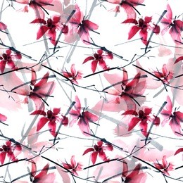 sakura flower. watercolor and ink illustration in style sumi-e, u-sin. oriental traditional painting. seamless pattern.