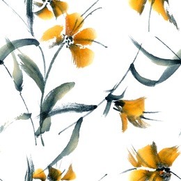 flowers. watercolor and ink illustration in style sumi-e, u-sin. oriental traditional painting. seamless pattern.