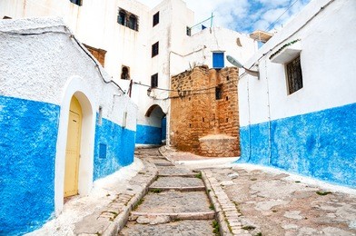 famous blue and white streets of kasbah of the udayas in rabat. the capital of morocco has unesco world heritage status and very famous among tourists 