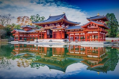 uji, kyoto, japan - famous byodo-in buddhist temple, a unesco world heritage site. phoenix hall building.