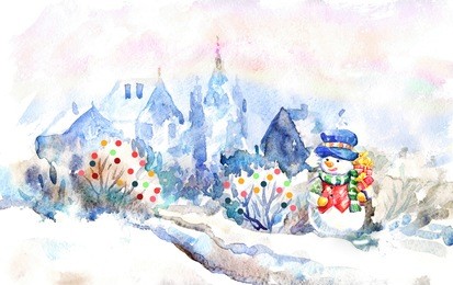 snowman, winter landscape. christmas watercolor illustration.