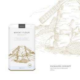 packing concept for wheat flour or cereals. soft package with the place for your text. vector design with illustration in woodcut style on the background: mill, meadow, bags. eco-friendly product. 