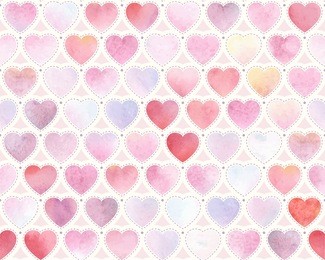 watercolor festive pattern of red, pink, blue and purple hearts, seamless vector illustration.