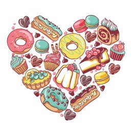 love pastry sweets vector bakery products desserts heart with donut, cupcake, chocolate, macaroon, eclair, pie, cheesecake, muffin, candies, jelly, cookies