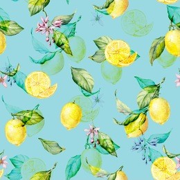 fresh lemons watercolor seamless pattern on the blue background. beautiful hand drawn texture. romantic background for web pages, wedding invitations, textile, wallpaper.