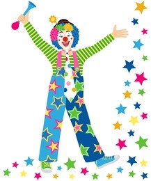 smiling clown with tie and clown horn on white background