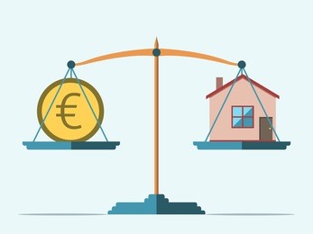 euro coin and house on scales. real estate, rental, expense, liabilities and mortgage concept. eps 8 vector illustration, no transparency