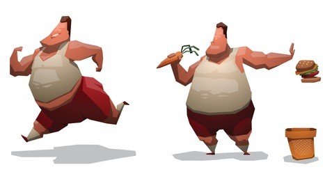 images of two big cartoon men with overweight who trying to lose weight. one running. one starts eating healthy food and drops a burger to the trash. vector illustrations