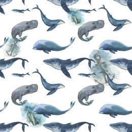 watercolor seamless pattern with whales and underwater sketches on white background. hand painted anchor, various whales, sperm whale, bottle with letter. sea wallpaper