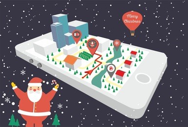 map a small town on the mobile phone with the specified destination point. gps route map. city navigation app. vector illustration. christmas town, winter