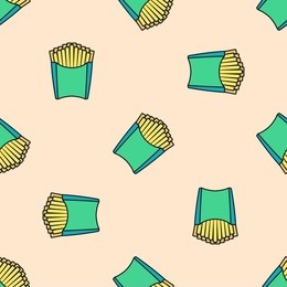 vector colored outline french fries potato green pack seamless pattern on light red background 