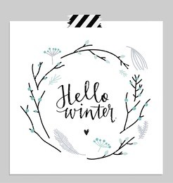 hello january! branches and leaves round frame. wreath of winter leaves. cute card. vector illustration.